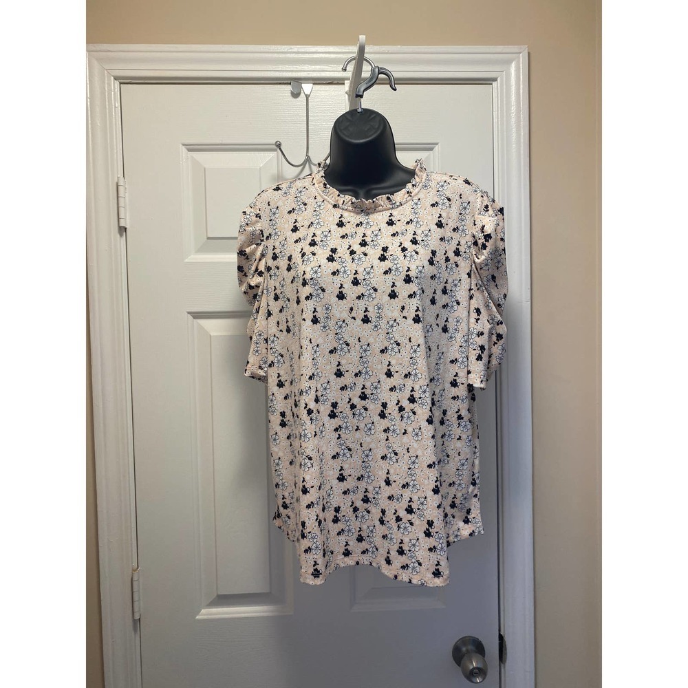 Adrianna Papell Ruffle Neck Pleated SleeveTop  Peach Black and White Size XL